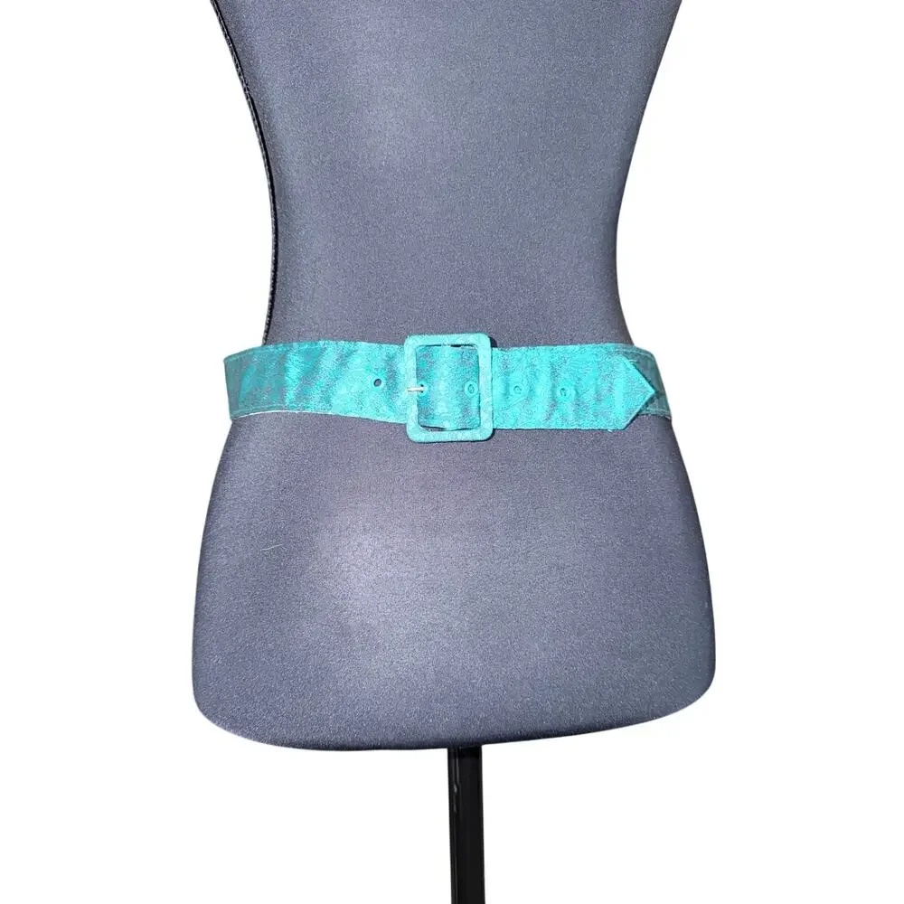 Vintage teal green satin embossed jacquard wide belt women’s 28-32 inches